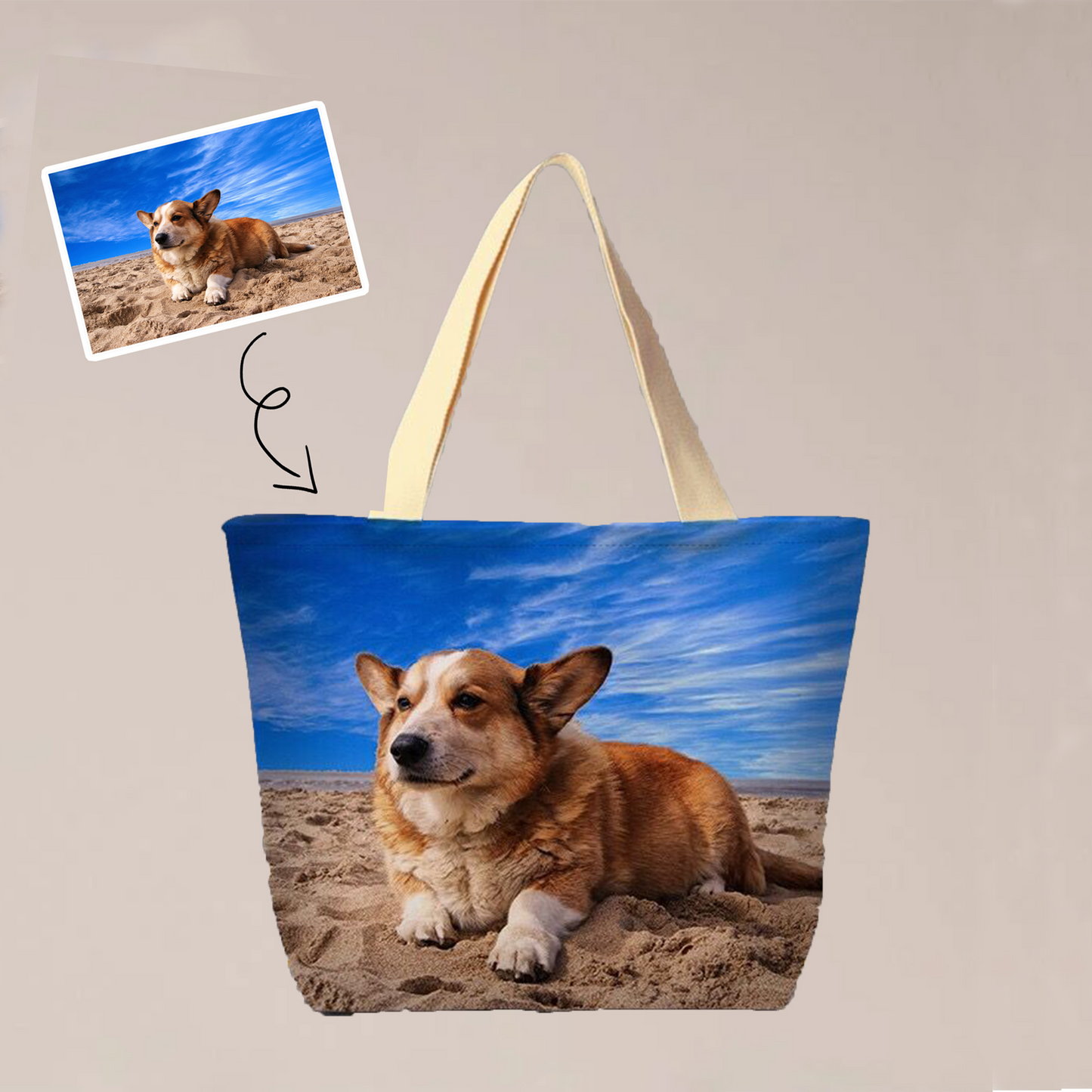 A all over print custom tote bag with a photo of a dog under the blue sky is a thoughtful and unique gift. The bag is large and the photo is vibrant, making it a conversation starter.