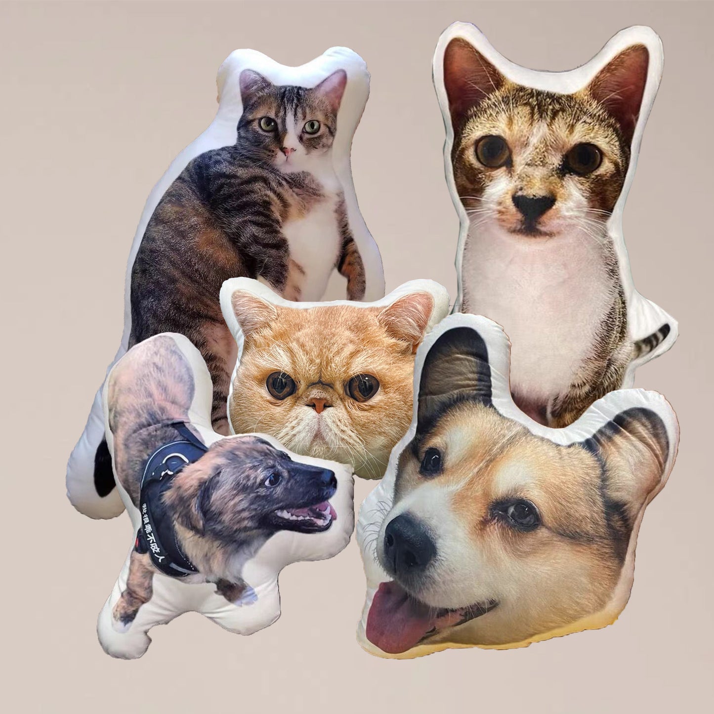 Customized all-over print body pillows, showcasing adorable dogs and cats in various shapes, including cat and dog faces, beautifully displayed together.