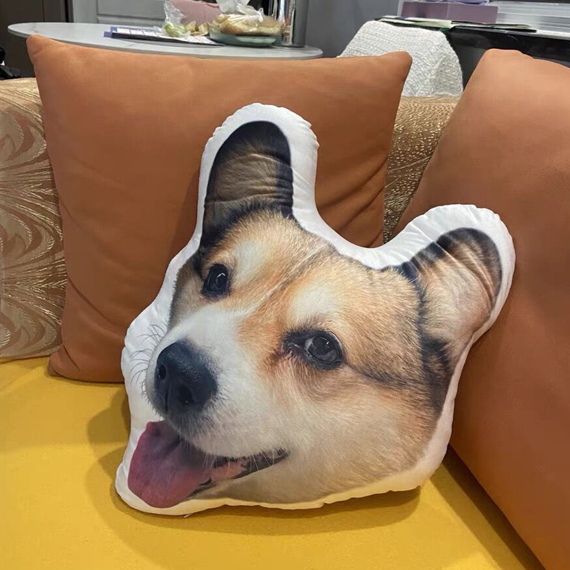 Personalized body pillow featuring an adorable puppy face printed on it