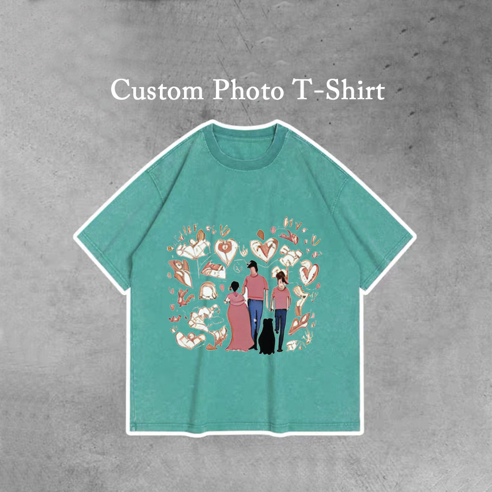 A solid green personalized t shirt with a photo of family on it, there are words "Custom Photo T-Shirt" on the top of the picture.