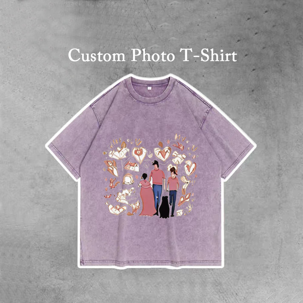 A solid purple personalized t shirt with a photo of family on it, there are words "Custom Photo T-Shirt" on the top of the picture.