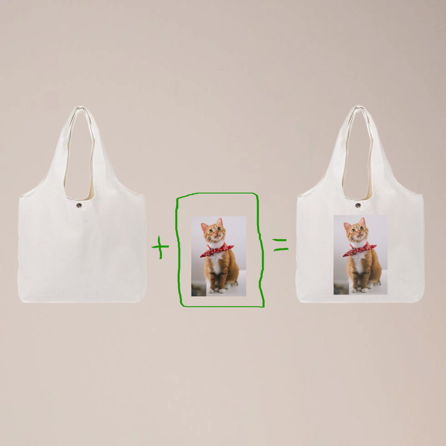 A white tote bag with a picture of a cat on it. The cat is a tabby cat with orange and white fur. The cat is sitting on a white background. The bag is empty and there are no visible objects inside.