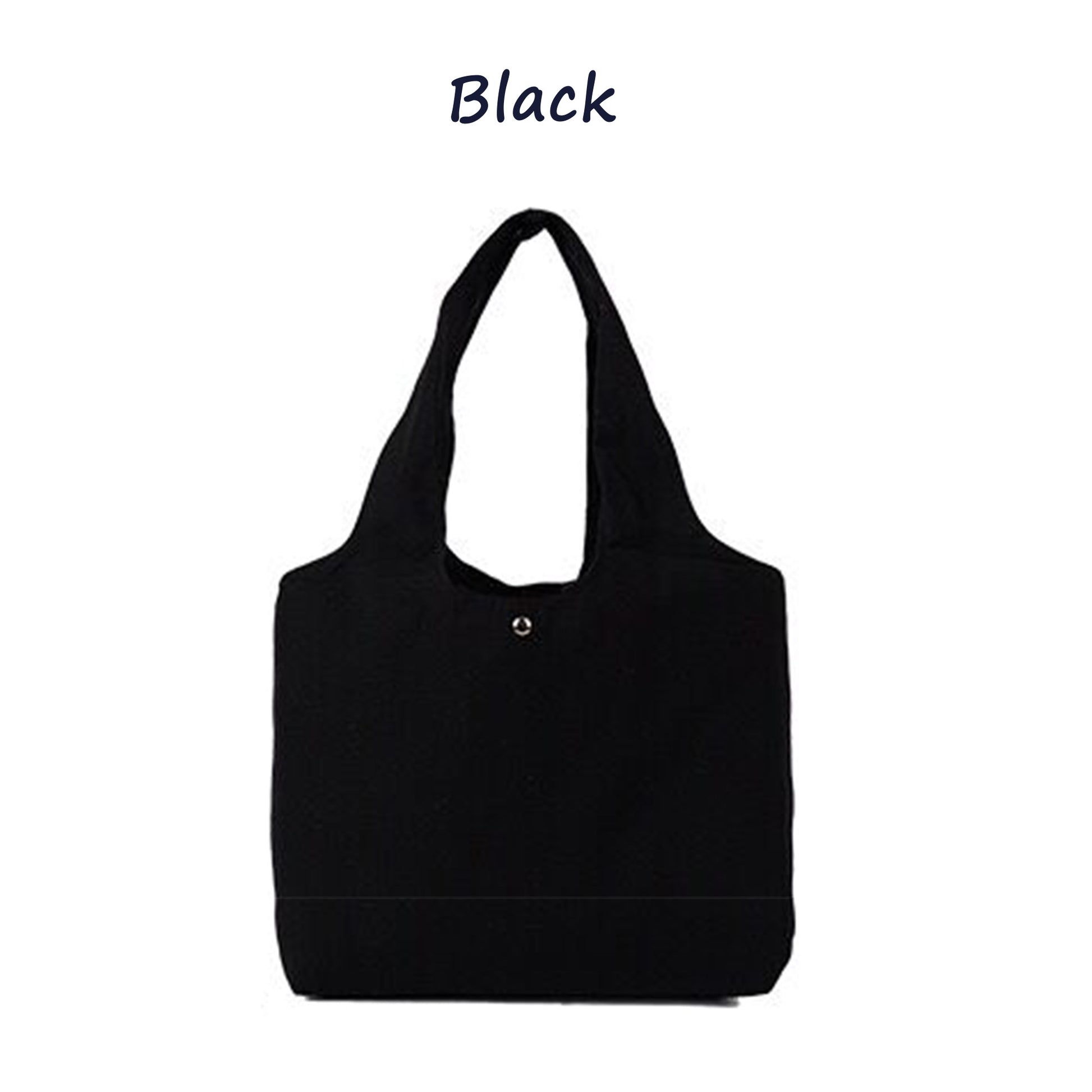 A large canvas tote bag in black color. The bag is empty and has a white background. 