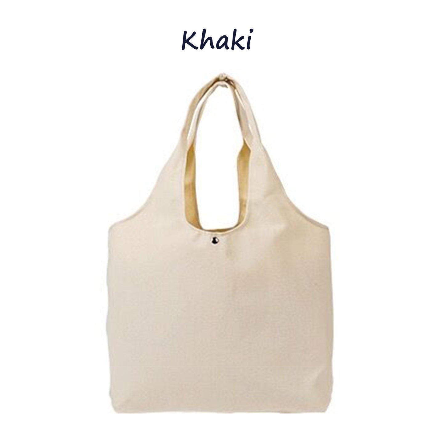 A large canvas tote bag in khaki color. The bag is empty and has a white background. 