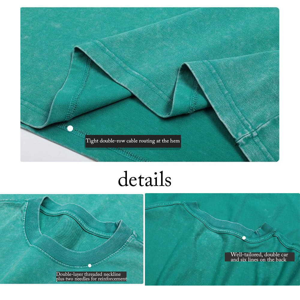 Details of a green t shirt show the well-made lining of hem and neckline.