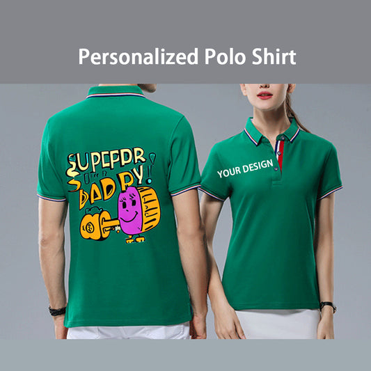A man and a woman stand side by side, wearing personalized green polo shirts with printed picture and logo text.