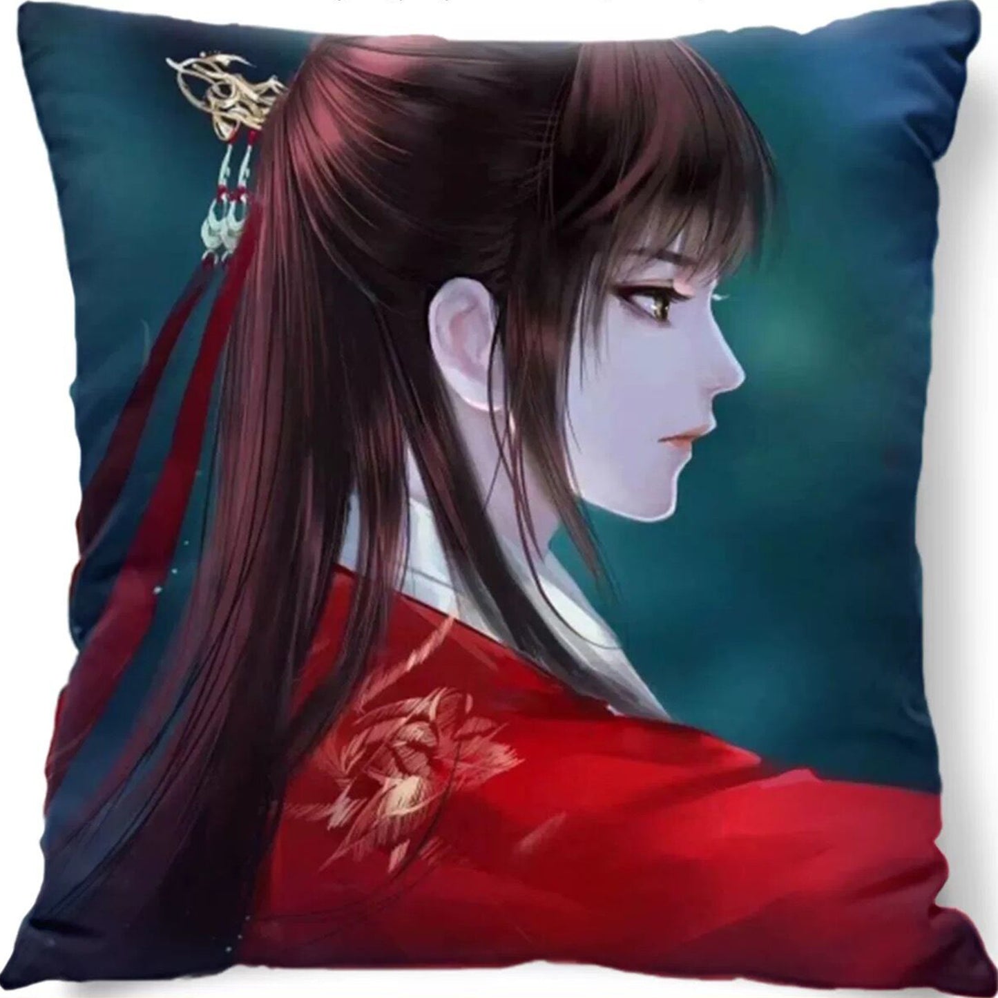 A personalized all-over printed pillow showcasing a charming photo of a boy with a ponytail.