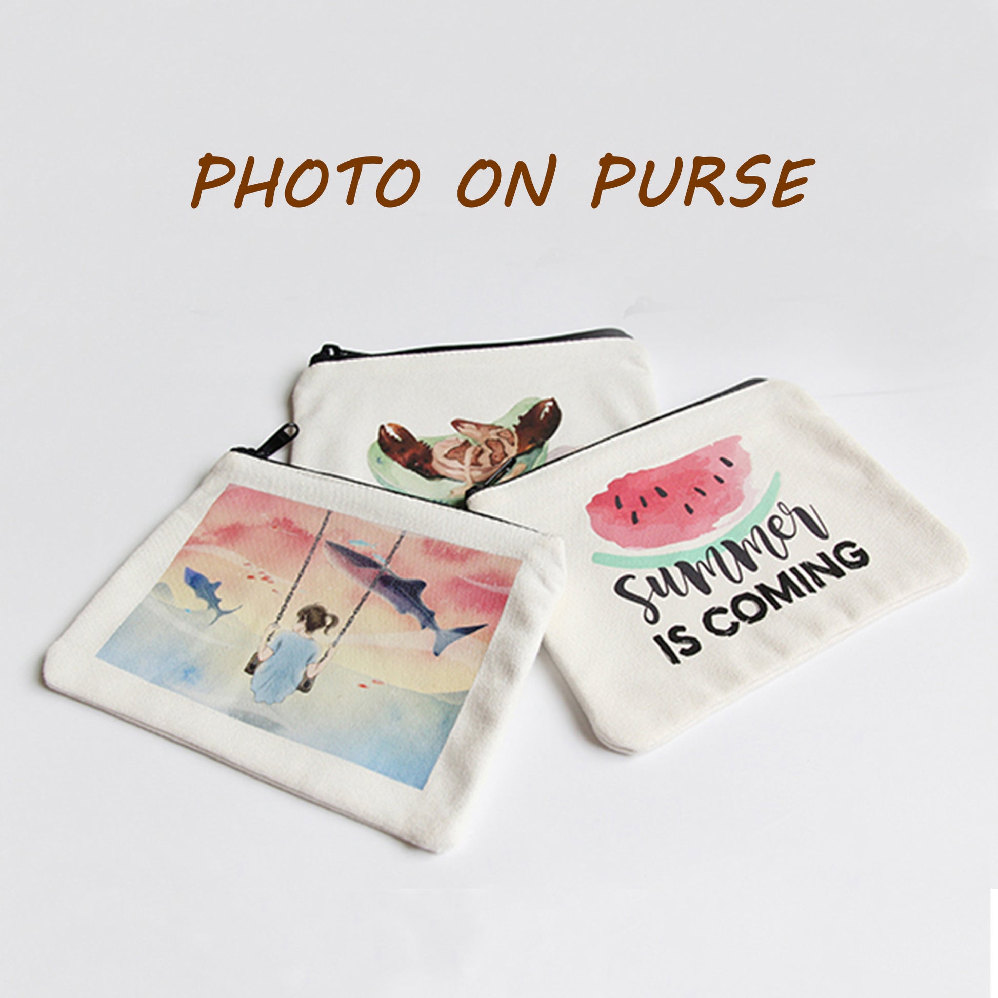 Three canvas purses, each featuring a unique custom printed photo.