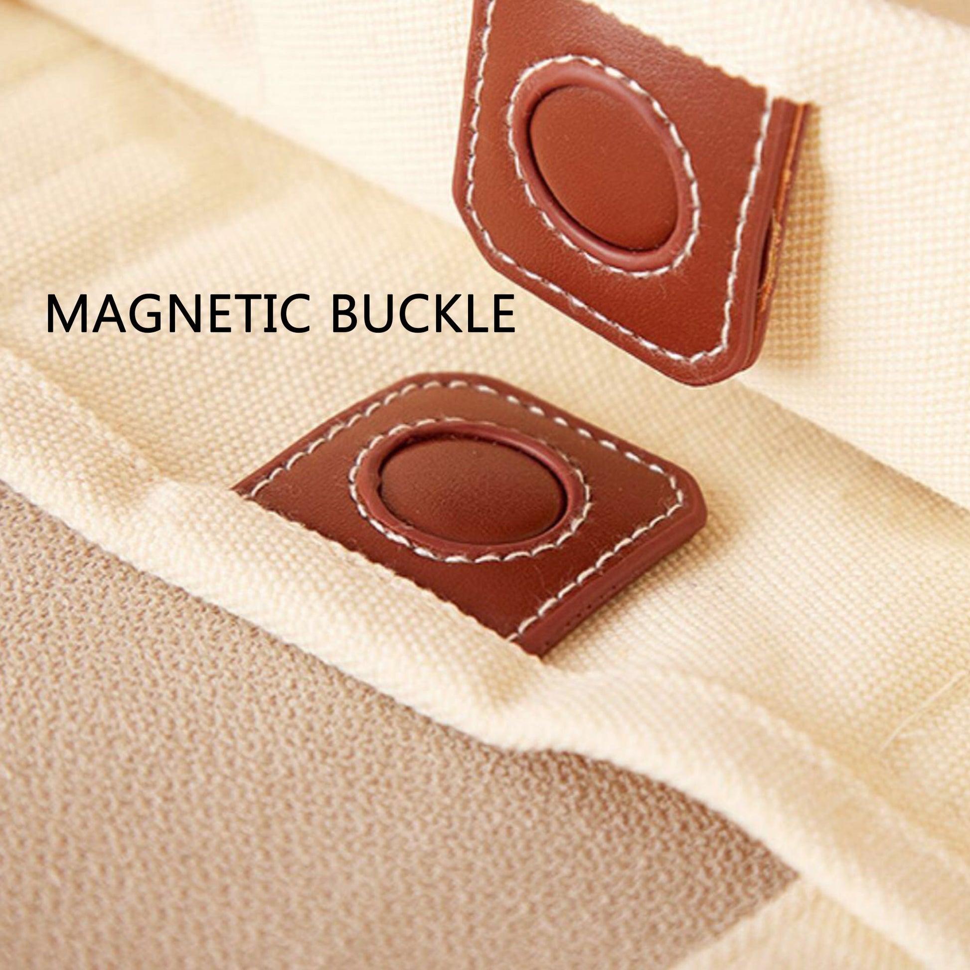 High quality magnetic buckle detail of a thick tote bag. 