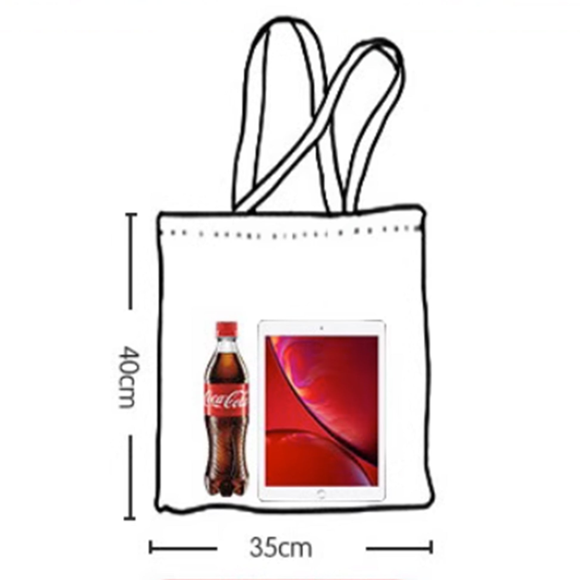 A photo of a tote bag with a bottle of Coca-Cola and a tablet before it. Through the comparison of familiar things, people can more clearly perceive the specific size of the tote bag.