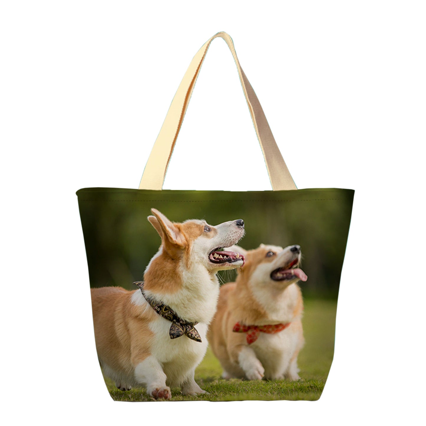 A all over print  tote bag with a photo of two dogs on grassland is a thoughtful and unique gift. The bag is large and the photo is vibrant, making it a conversation starter.