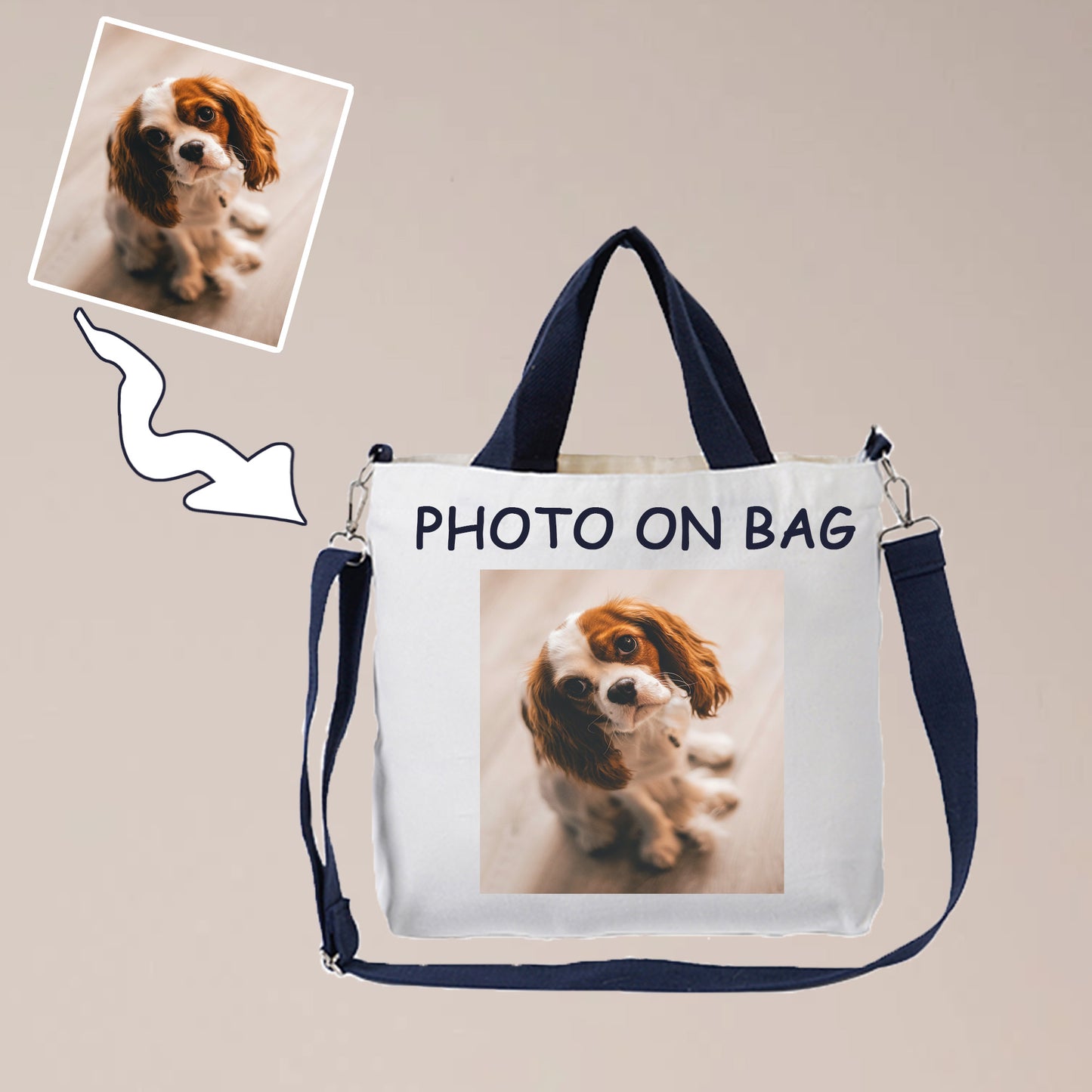 A crossbody bag with an image of a dog on it. The dog is sitting on the floor. The bag is white and has a simple design, and it has a long strap which can be adjusted.