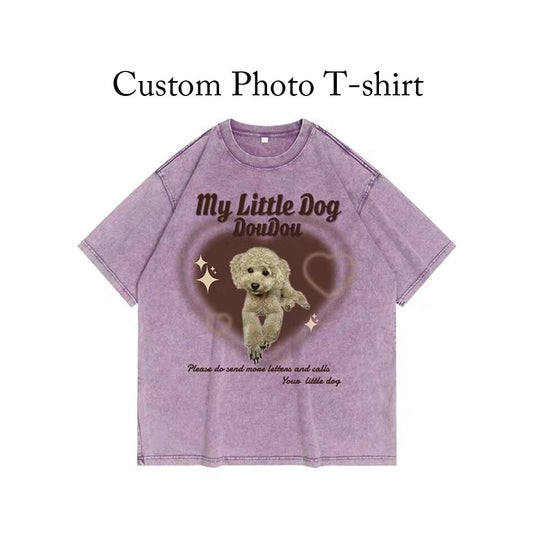 A photo of a custom photo t-shirt. The t-shirt is white and has a photo of a dog on the front. The dog is a brown Australian Shepherd. The text "My Little Dog DouDou" is written below the photo.