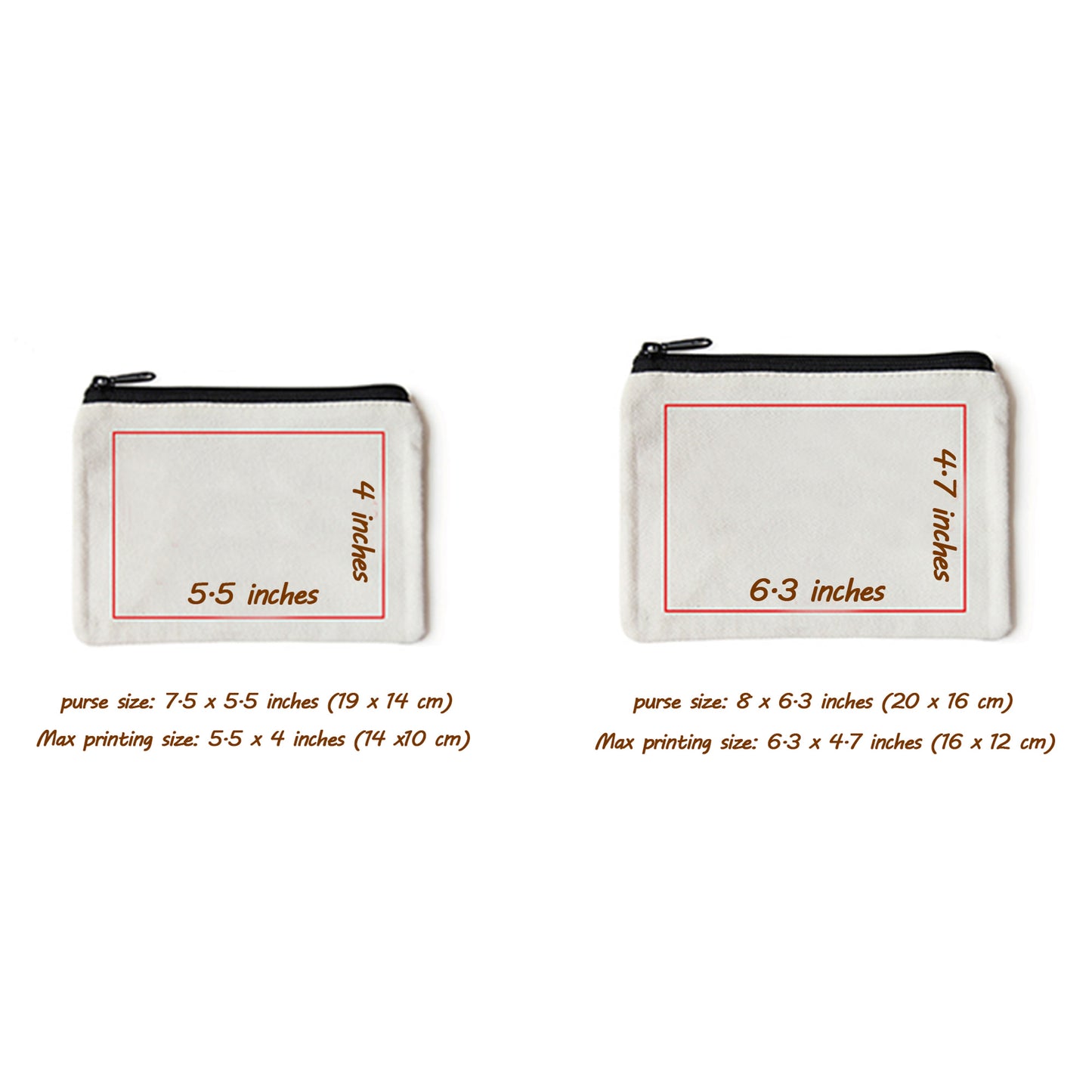 A photo of a canvas purse with two sizes and printing sizes. The sizes are 5.5 x 7.5 inches and 6.3 x 8 inches. The max printing sizes are 5.5 x 4 inches and 6.3 x 4.7 inches.