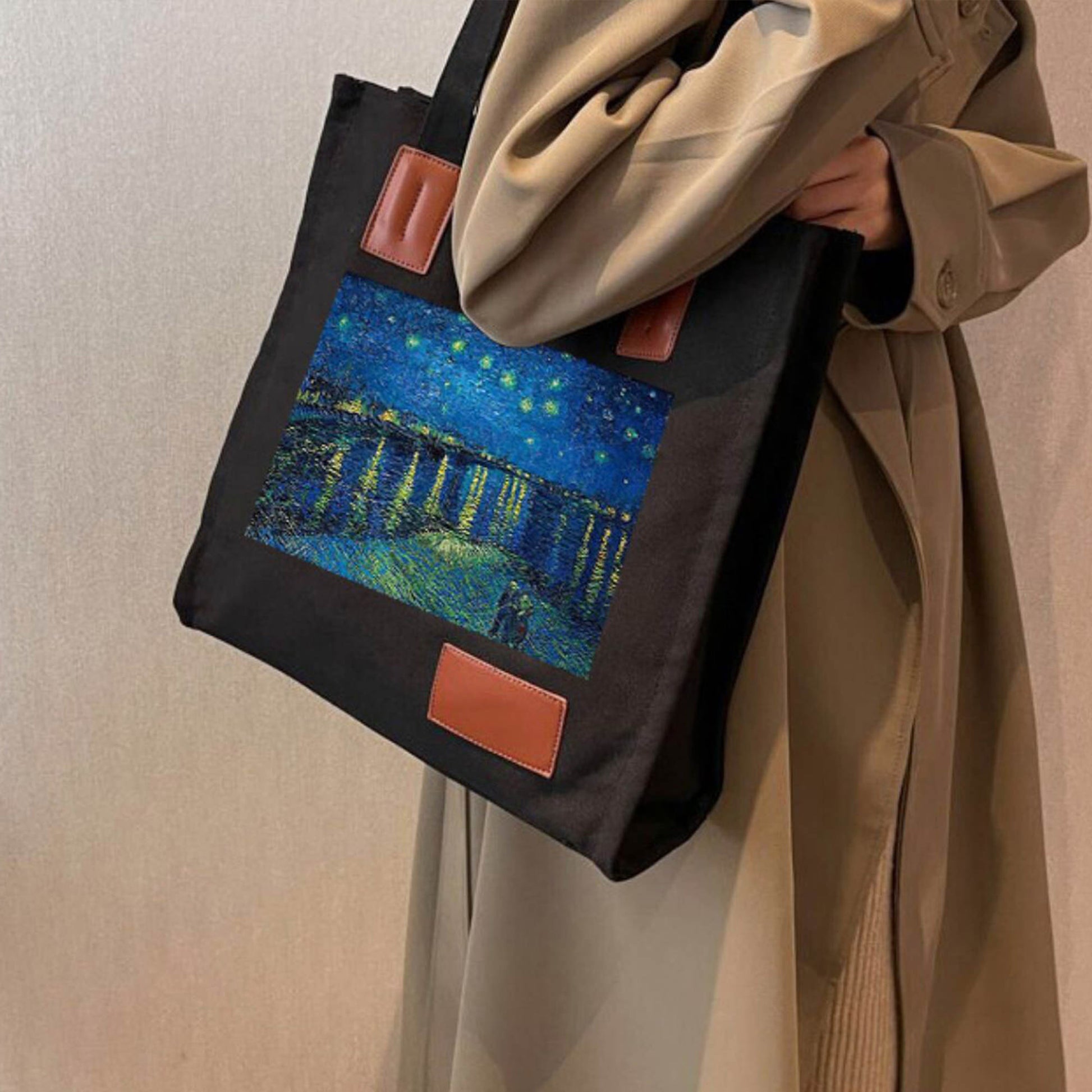 A woman is wearing a good shape thick personalized tote bag with her favorite image on it.