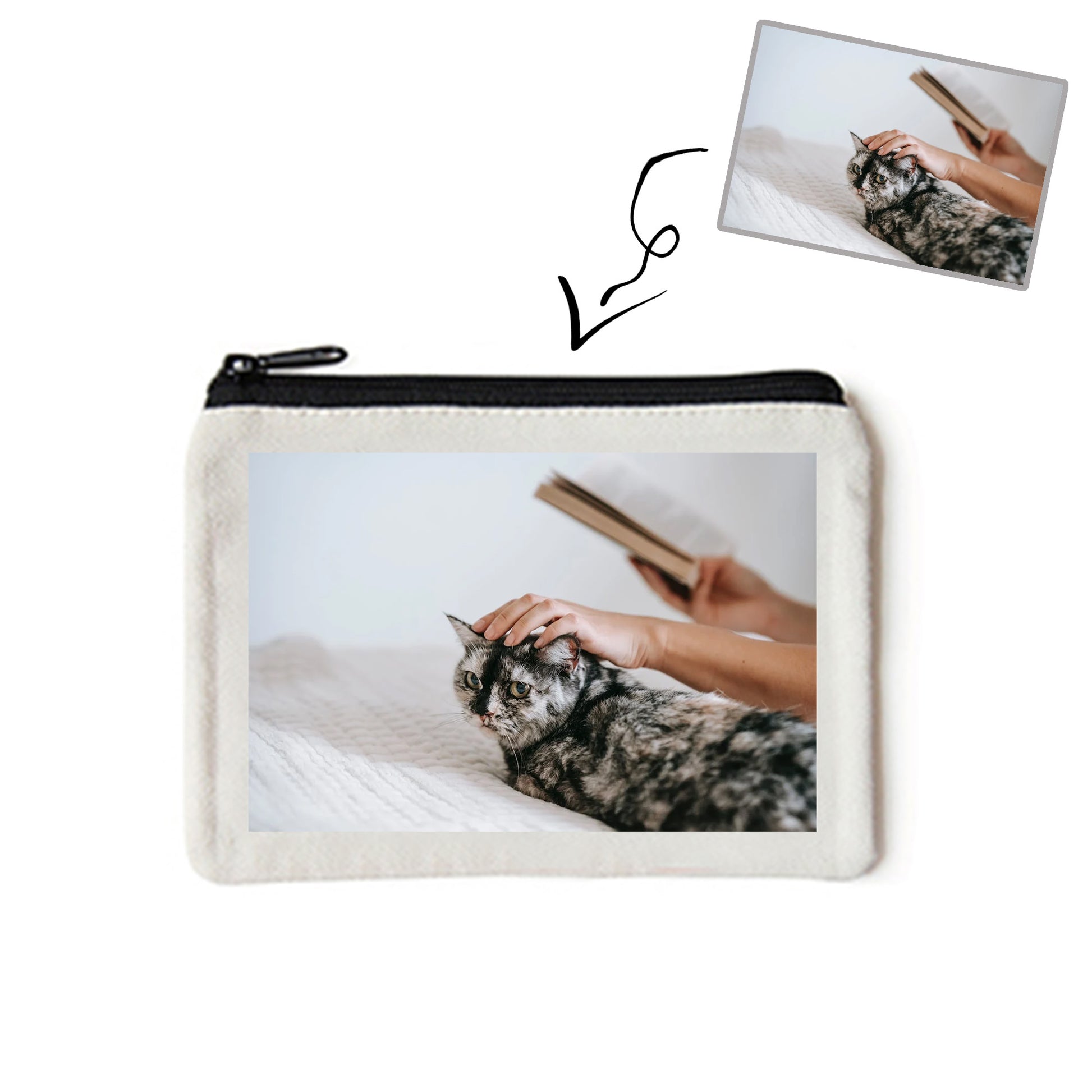 A clutch bag with a cat portrait printed on it.