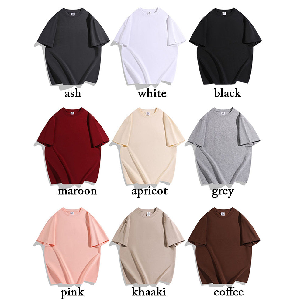 Explore our versatile collection of oversized custom t-shirts in a variety of colors, all ready to be personalized with your unique designs, photos, logos, and texts on both the front and back.