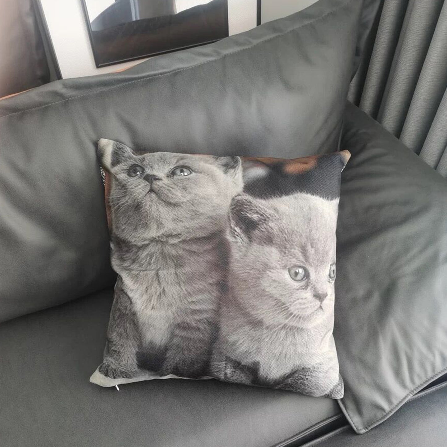 High-quality all-over custom pillow on the sofa featuring a delightful design of two adorable cats.