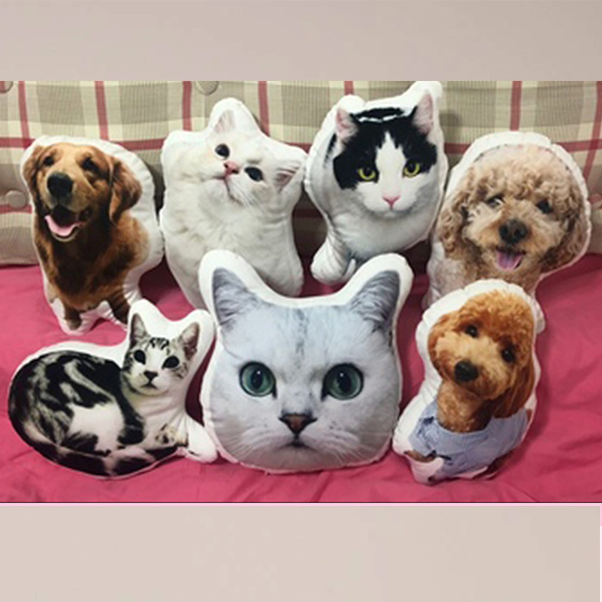 Personalized all-over print body pillows, showcasing adorable dogs and cats in various shapes, including cat and dog faces, beautifully displayed on a sofa.