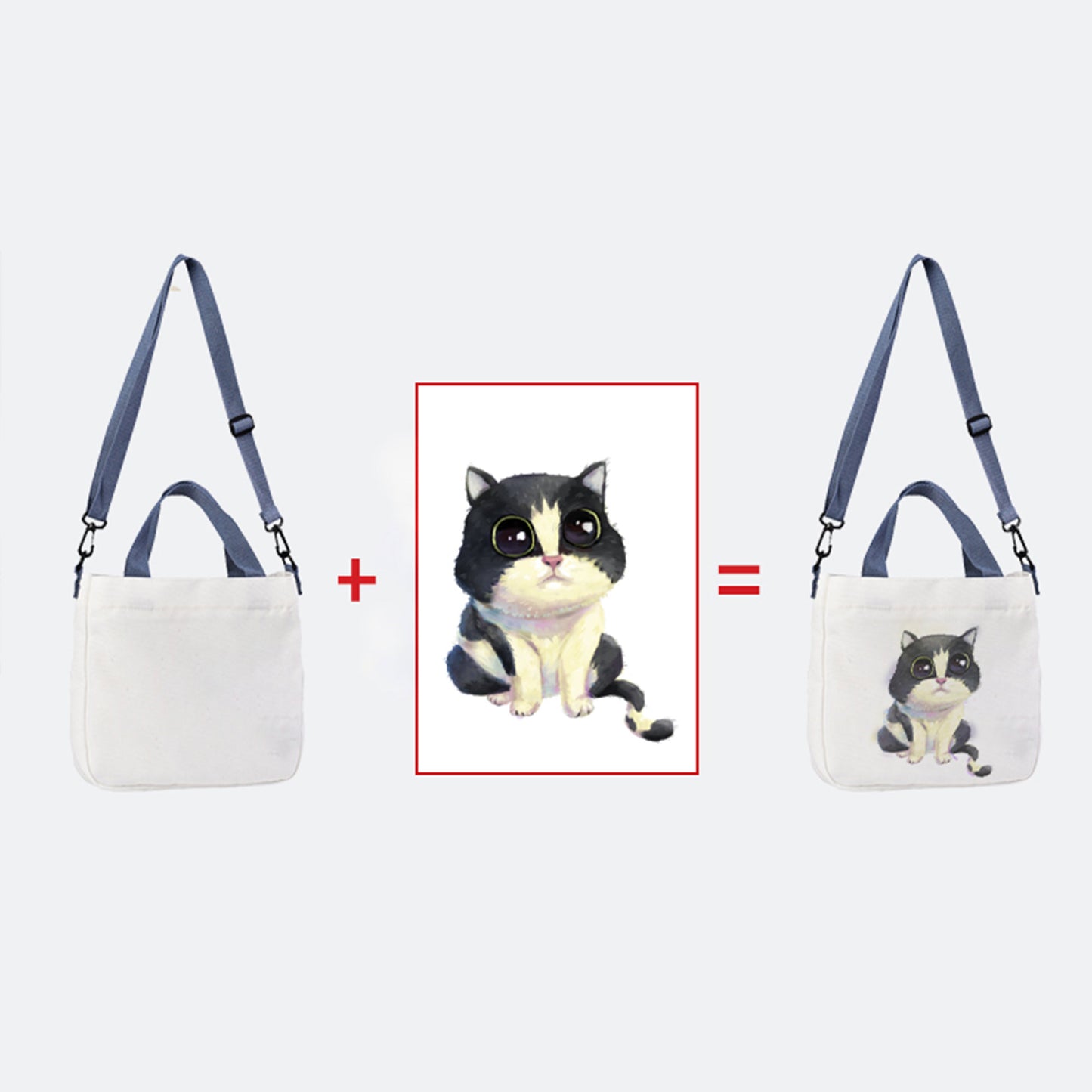 A white can be used as a tote bag, or a crossbody, is with a long strap and two short  strap. The cat photos, dog photos, or any other kind of photos can be printed on it.