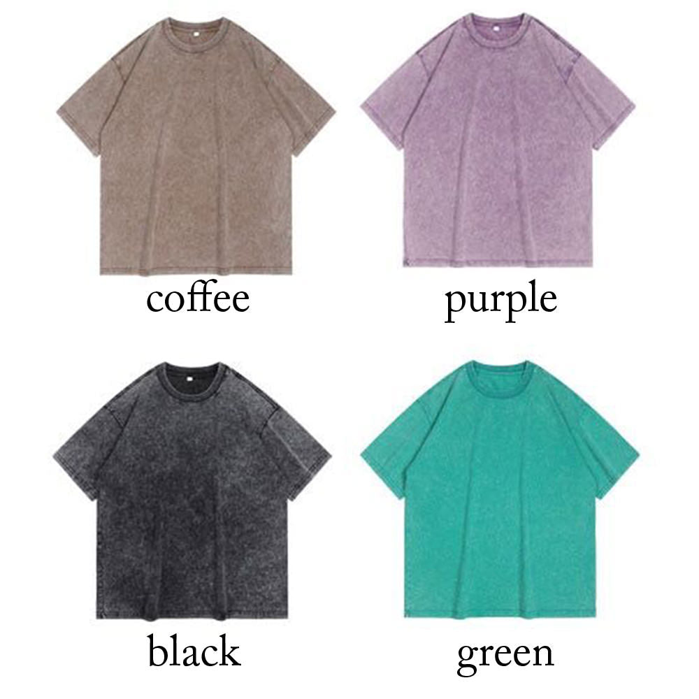 A photo of a t-shirt in 4 colors: coffee, purple, black, and green. The t-shirt is a solid color with no design. The background of the image is white.