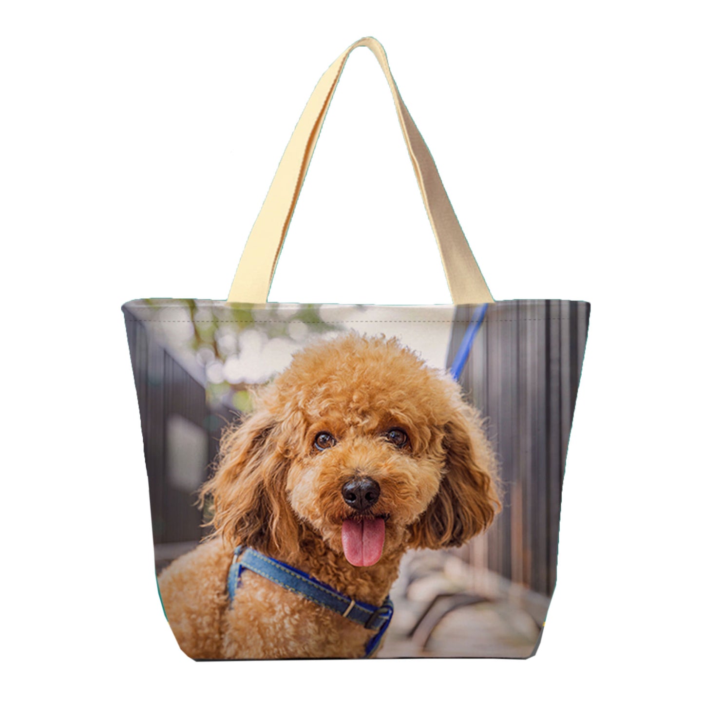 A personalized all-over print tote bag with a photo of a dog on it.
