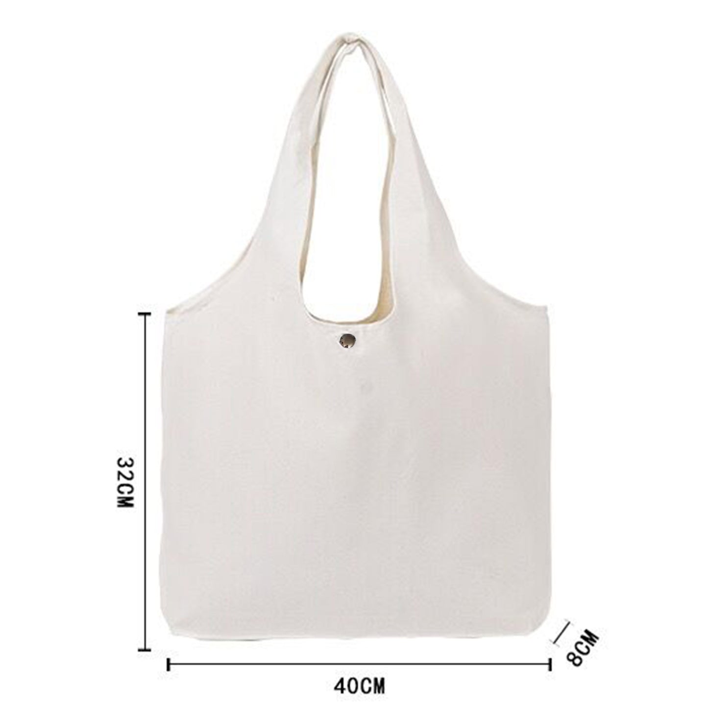 White canvas tote bag with measurements 13 inches x 16 inches x 3 inches. The bag is made of 12 oz canvas. It's a plain tote bag which is available to custom with logos, pics, images, texts, names.