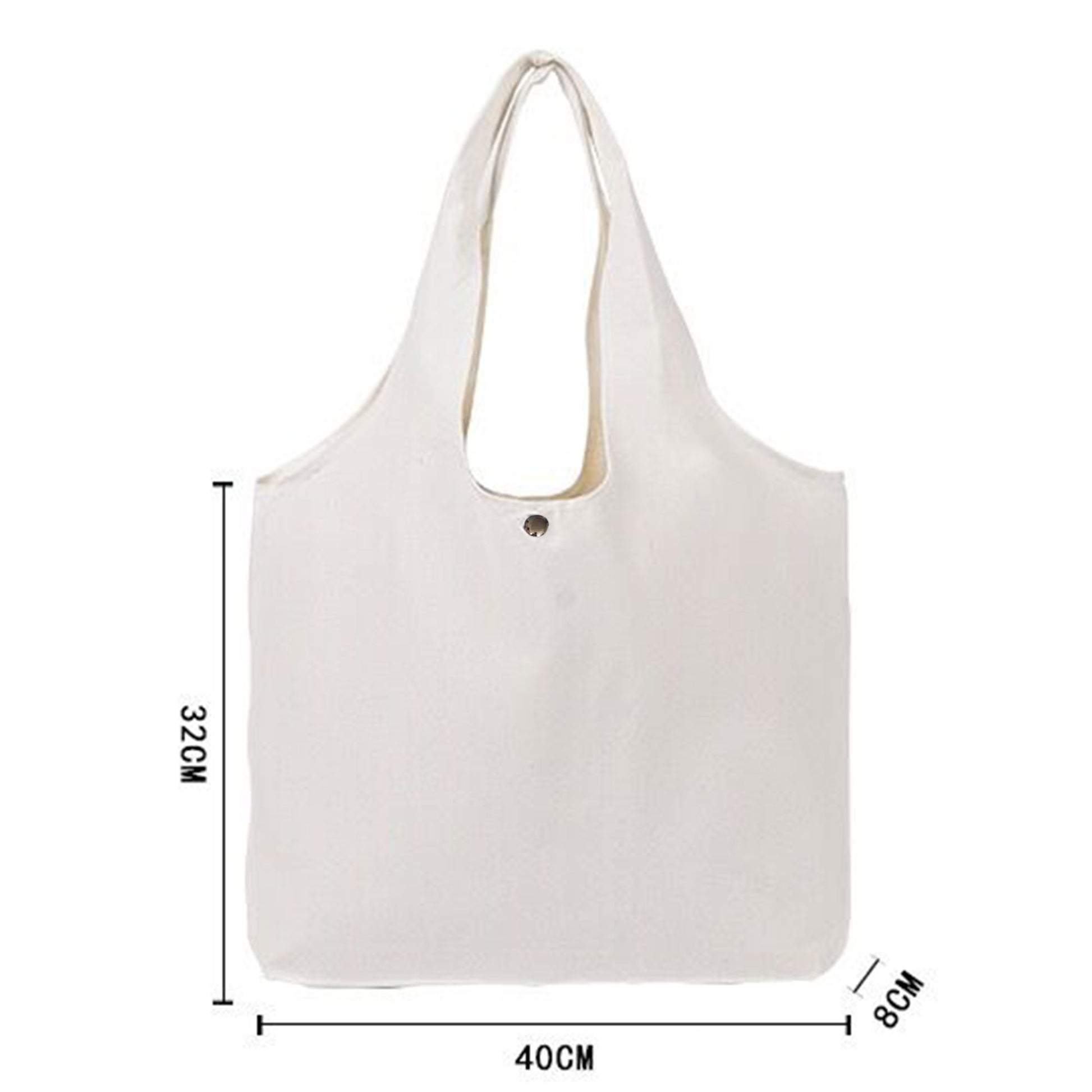 White canvas tote bag with measurements 13 inches x 16 inches x 3 inches. The bag is made of 12 oz canvas. It's a plain tote bag which is available to custom with logos, pics, images, texts, names.