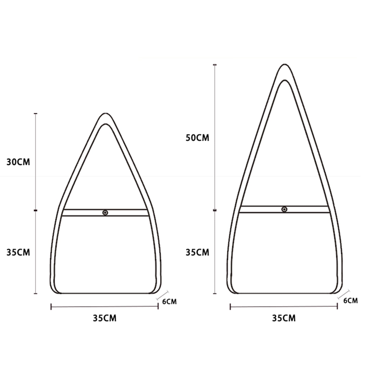 A bag with measurements on a white background. The bag is a simple design with a long strap and a flap closure. The measurements are in centimeters and inches