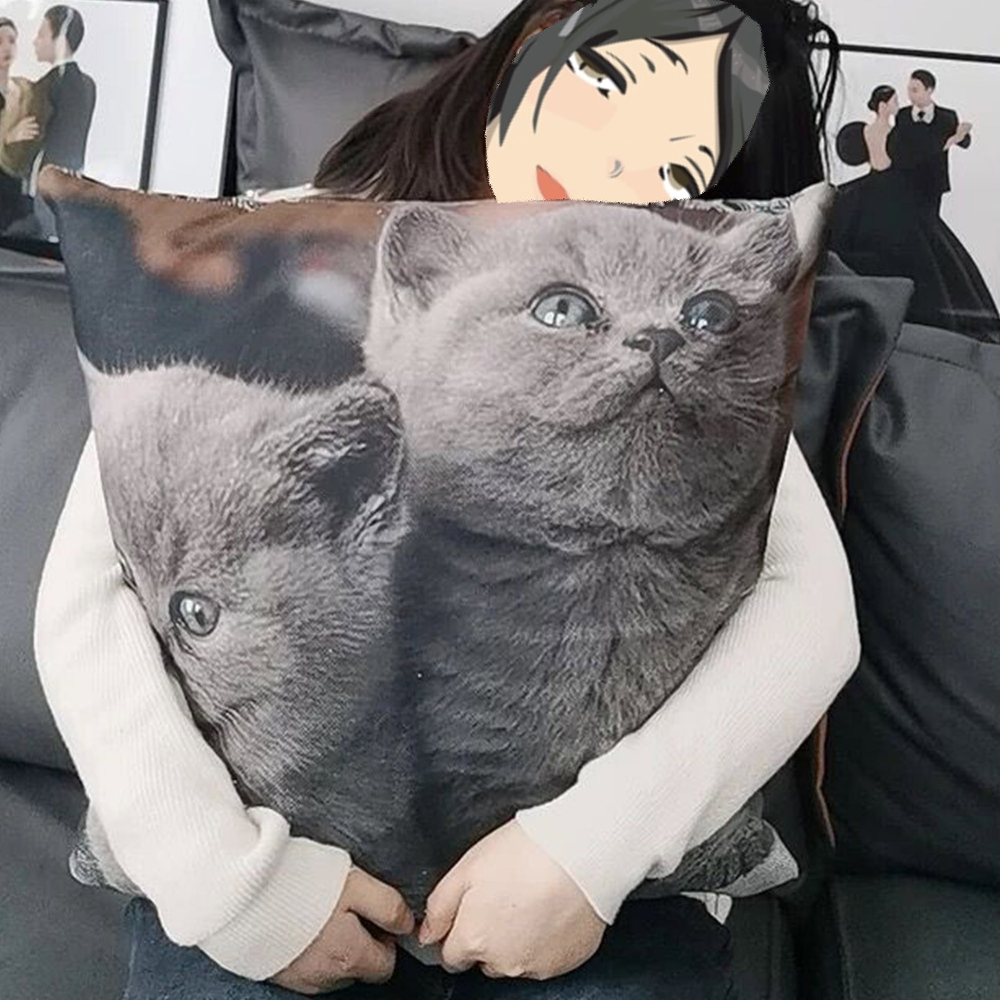 A girl embraces a cushion with fully printed personalized pillow cover featuring a delightful photo of two adorable cats.