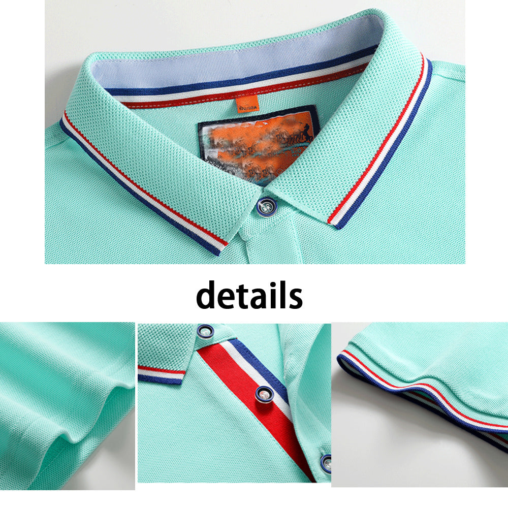 A detailed image showing the polo shirt collar, fabric and hem.