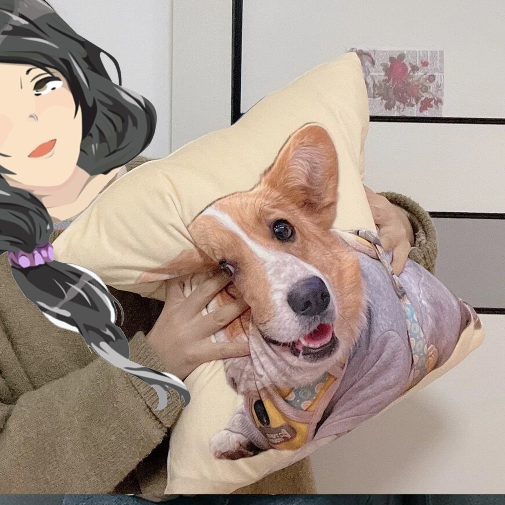 A girl squeezes her hands into a fully custom throw pillow emblazoned with a picture of a puppy.