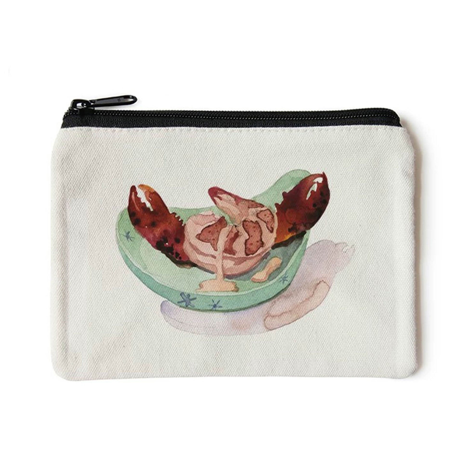 A photo of a canvas clutch bag with a painting of a lobster on it. The lobster is red and has large claws. The background of the personalized purse bag is white.