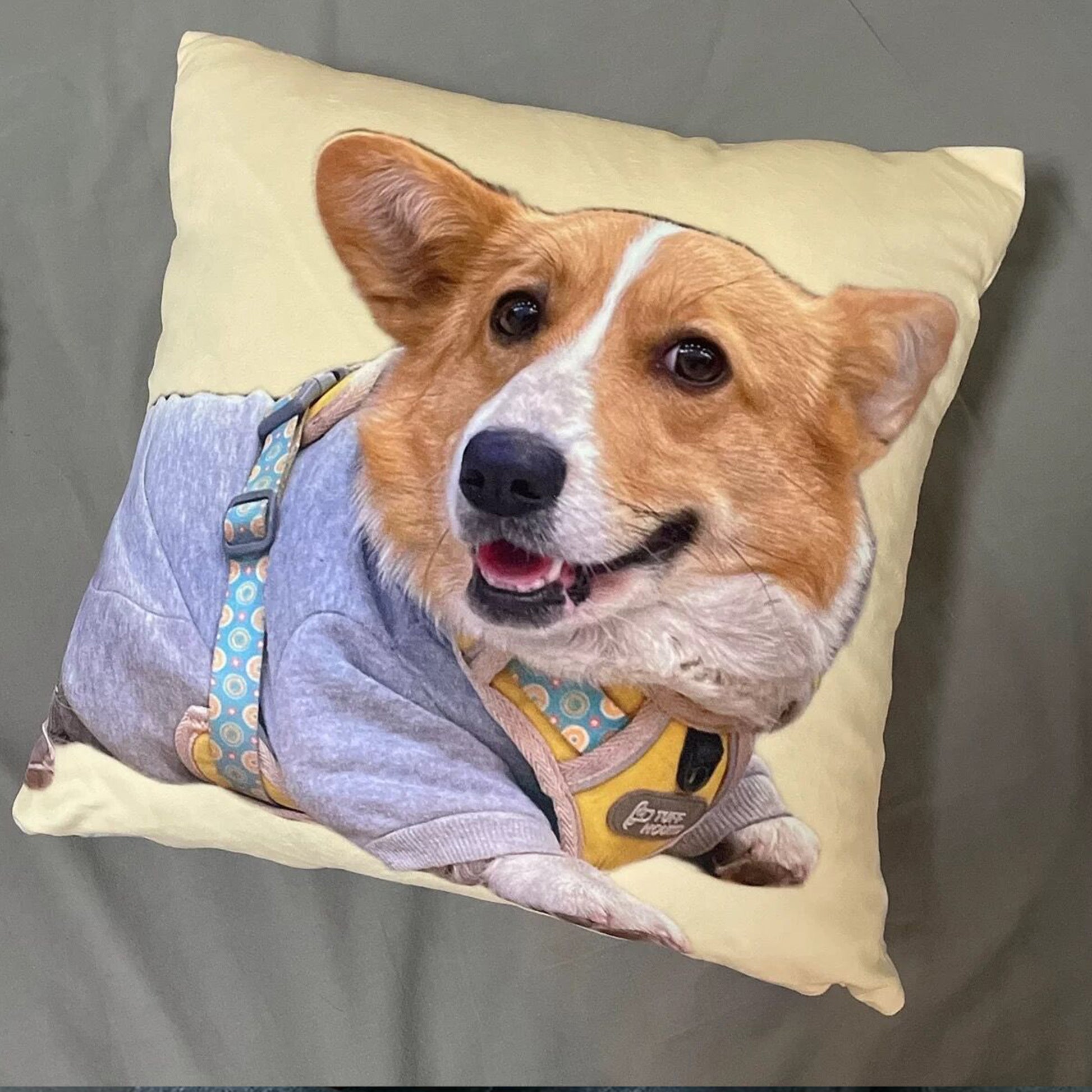 Personalized all-over print pillow on the bed, showcasing an adorable photo of a cute dog.